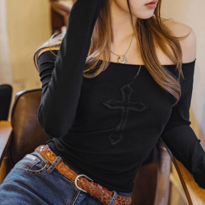 可露麗純欲風超仙一字肩長袖T恤高級感修身短款上衣穿搭春女