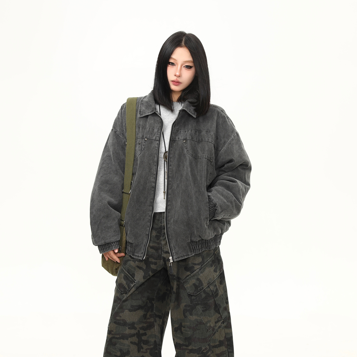 美式水洗重磅工裝棉服外套女冬季新款加棉潮牌翻領夾克