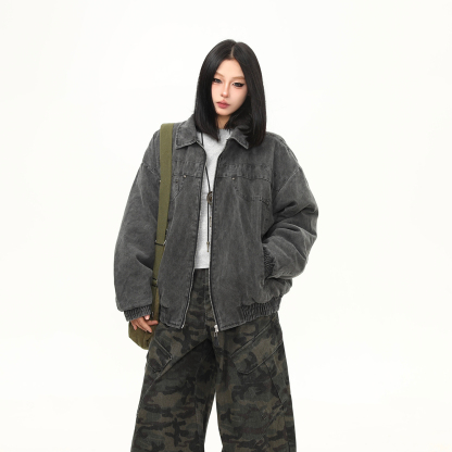 美式水洗重磅工裝棉服外套女冬季新款加棉潮牌翻領夾克