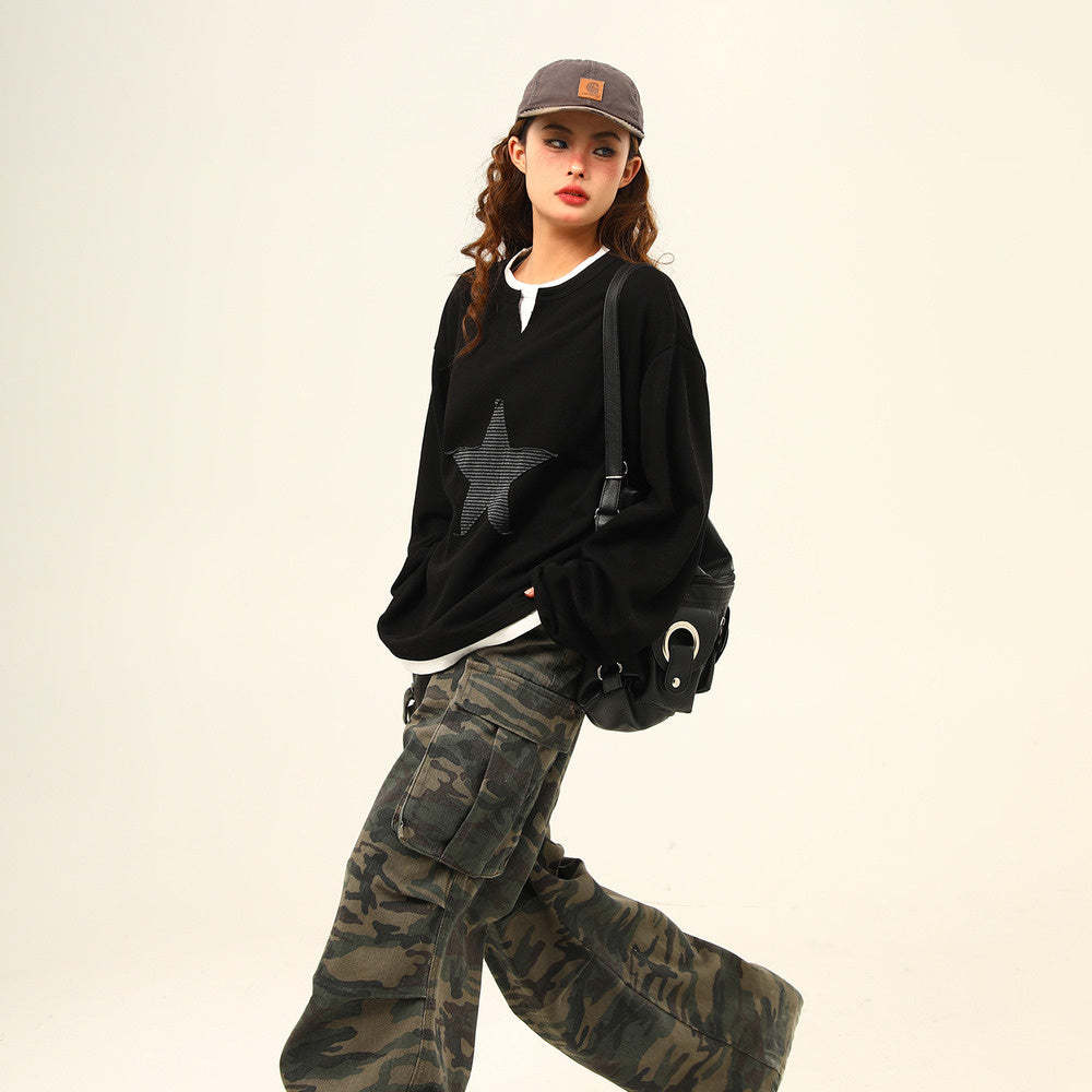 美式復古星星貼布亨利領高級感長袖衛衣女百搭上衣