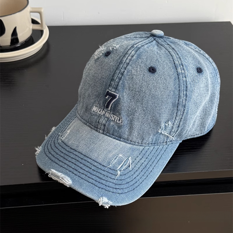 日系水洗牛仔數位7鴨舌帽帽子女顯臉小棒球帽夏