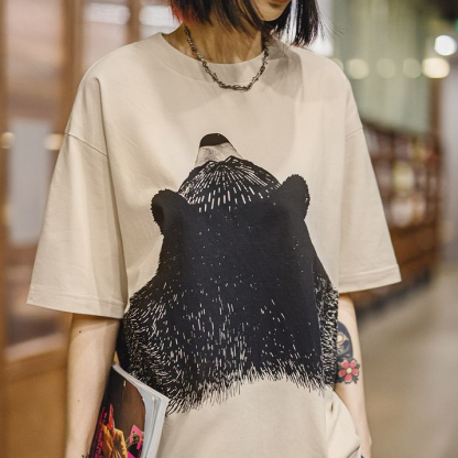 oversize慵懶小熊插畫圓領T恤日系小眾設計顯瘦落肩短袖夏女