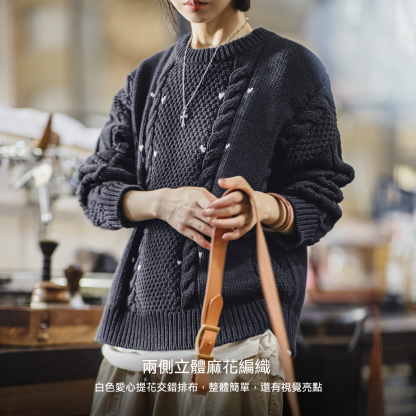 藍色圓領寬鬆加厚保暖套頭外穿粗麻花毛線針織上毛衣女士秋冬