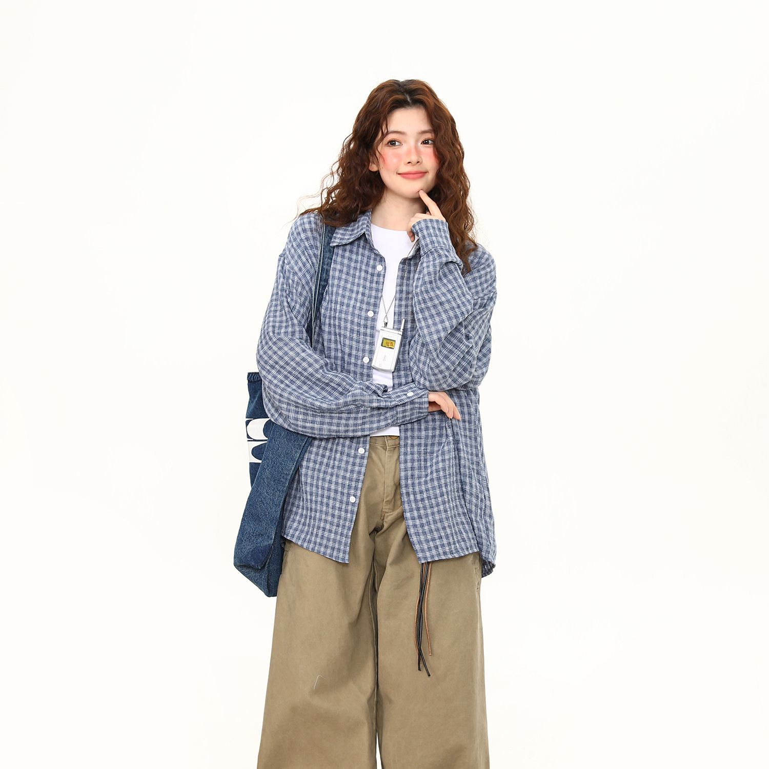 泡泡紗藍色格紋高級感長袖襯衫女春夏慵懶外穿格子襯衣女