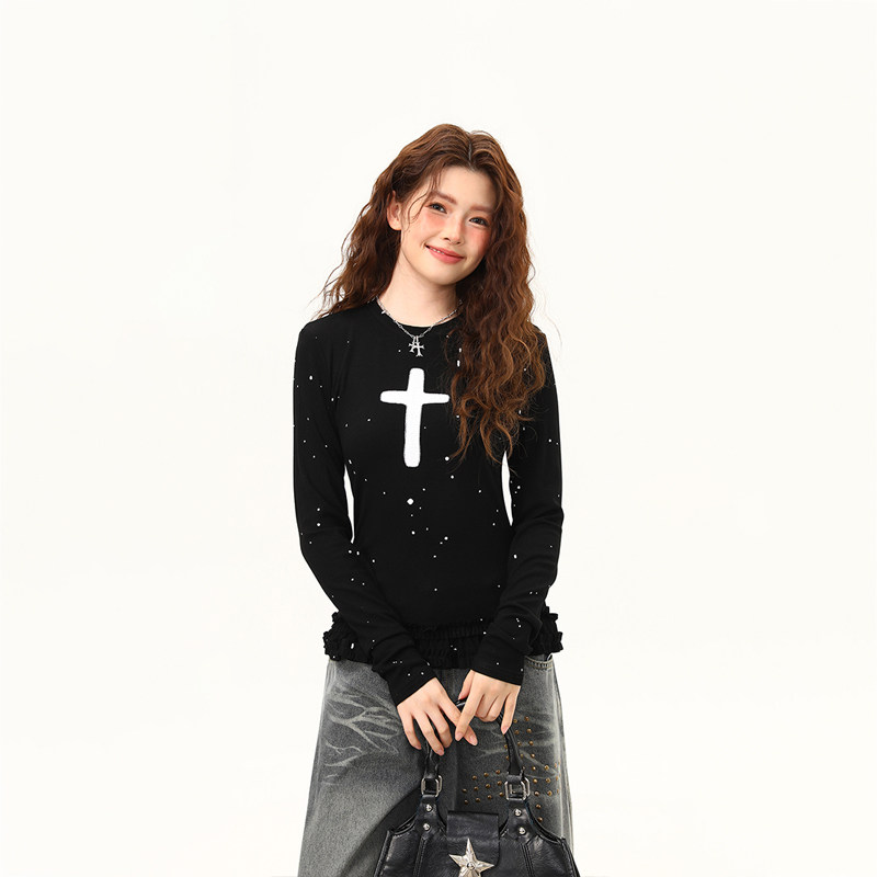 黑色波點內搭打底衫女春季超好看花邊下擺修身長袖T恤女