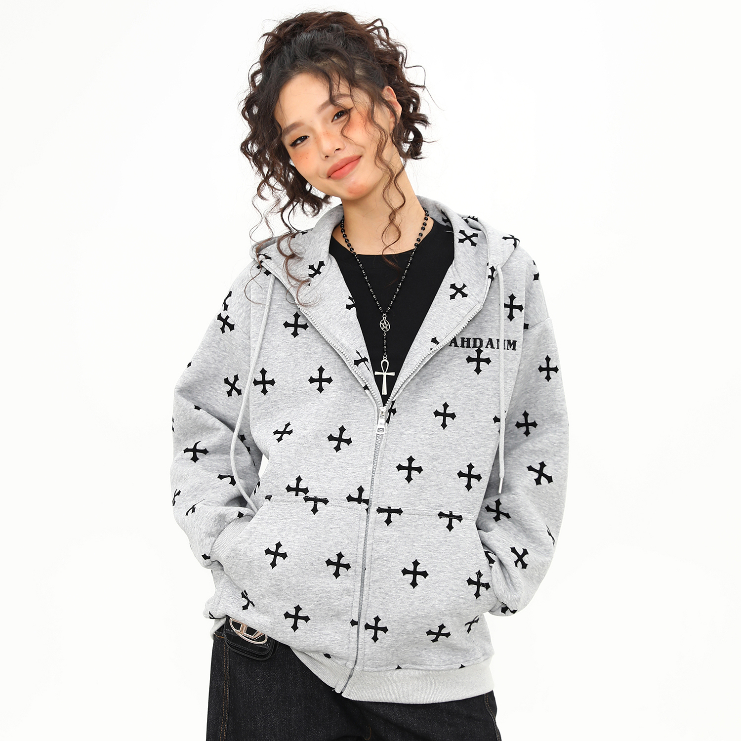 美式復古十字架印花連帽衛衣女秋冬寬鬆慵懶風拉鍊外套