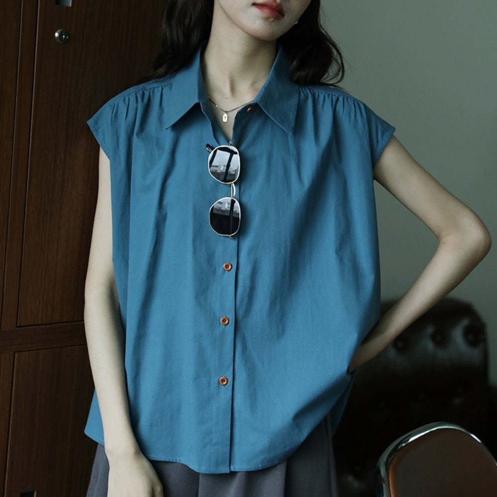 無袖簡約復古設計感短袖襯衫女寬鬆百搭通勤時尚百搭襯衣上衣