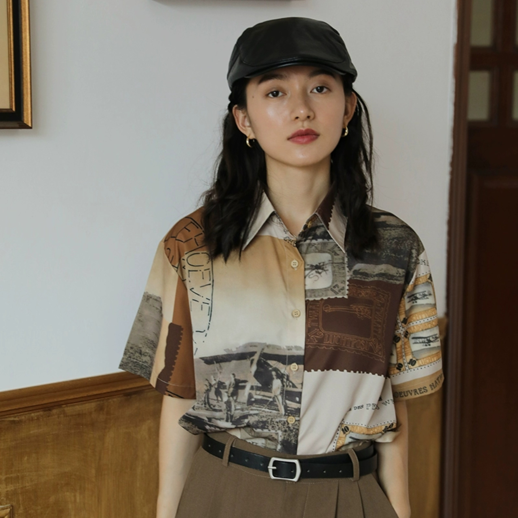 復古港風短袖襯衫女2025年夏季新款顯瘦時尚感寬鬆襯衣上衣