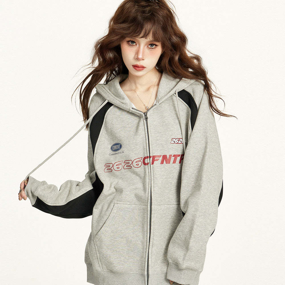 美式灰色拉鍊連帽衛衣外套女秋冬寬鬆慵懶風加絨加厚開衫