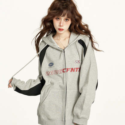 美式灰色拉鍊連帽衛衣外套女秋冬寬鬆慵懶風加絨加厚開衫