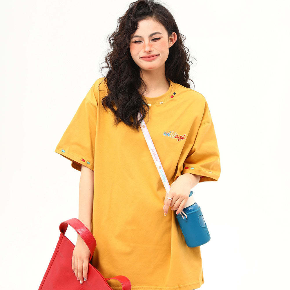 美式復古國風彩虹刺繡夏季凉感短袖T恤女寬鬆百搭