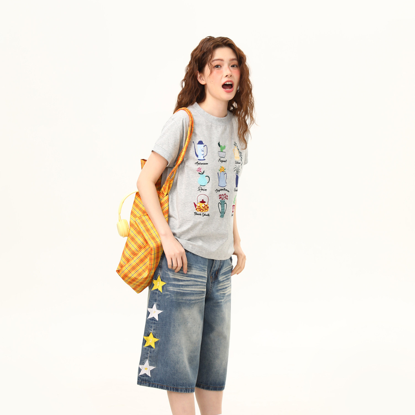 美式復古盆栽刺繡設計感正肩短袖T恤女短寬版小飛袖上衣