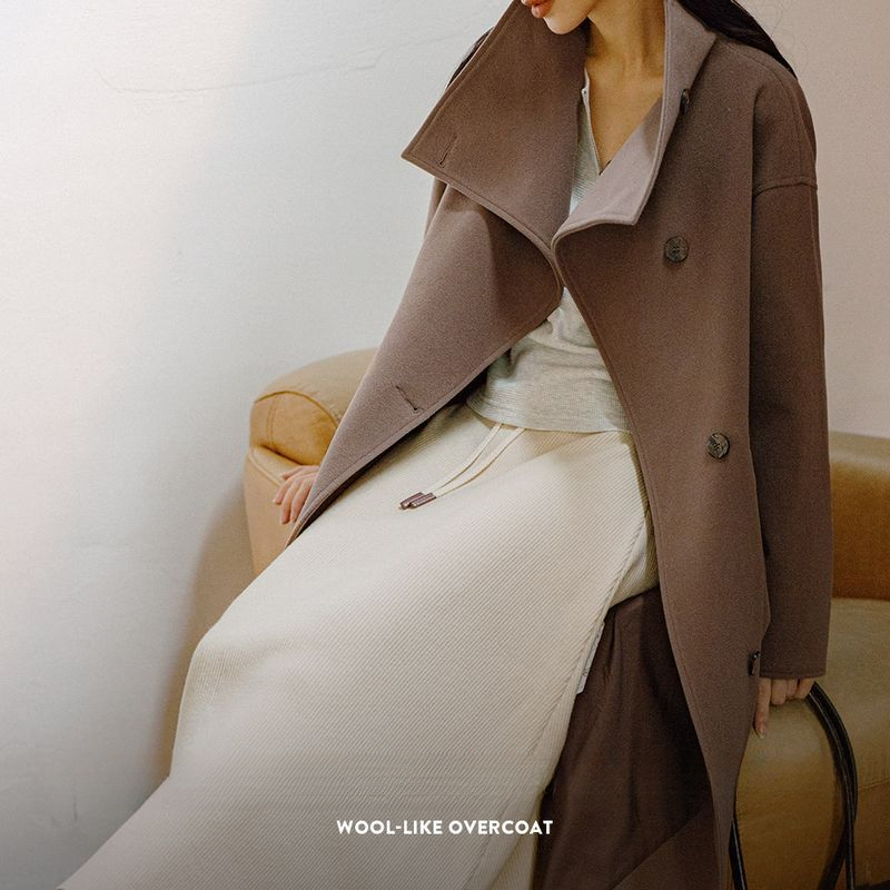 馬登女裝 復古經典黑色大衣外套高級感翻領長款毛呢風衣2024冬季新款女