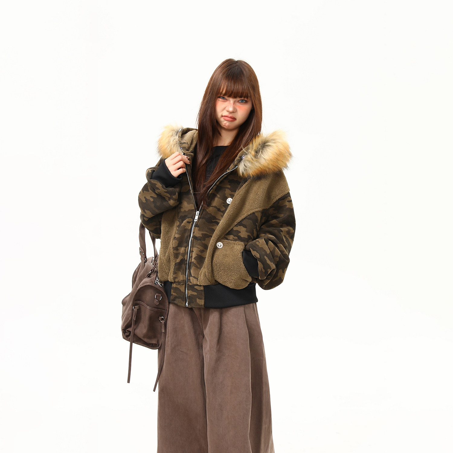 美式街頭迷彩拼接毛領外套女冬季保暖加絨短款棉服棉襖