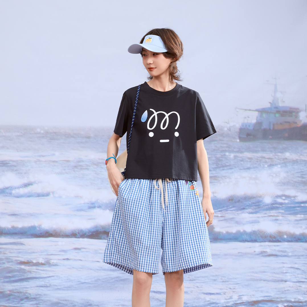 日系夏季220G索羅娜凉感面料流汗表情包短款T恤