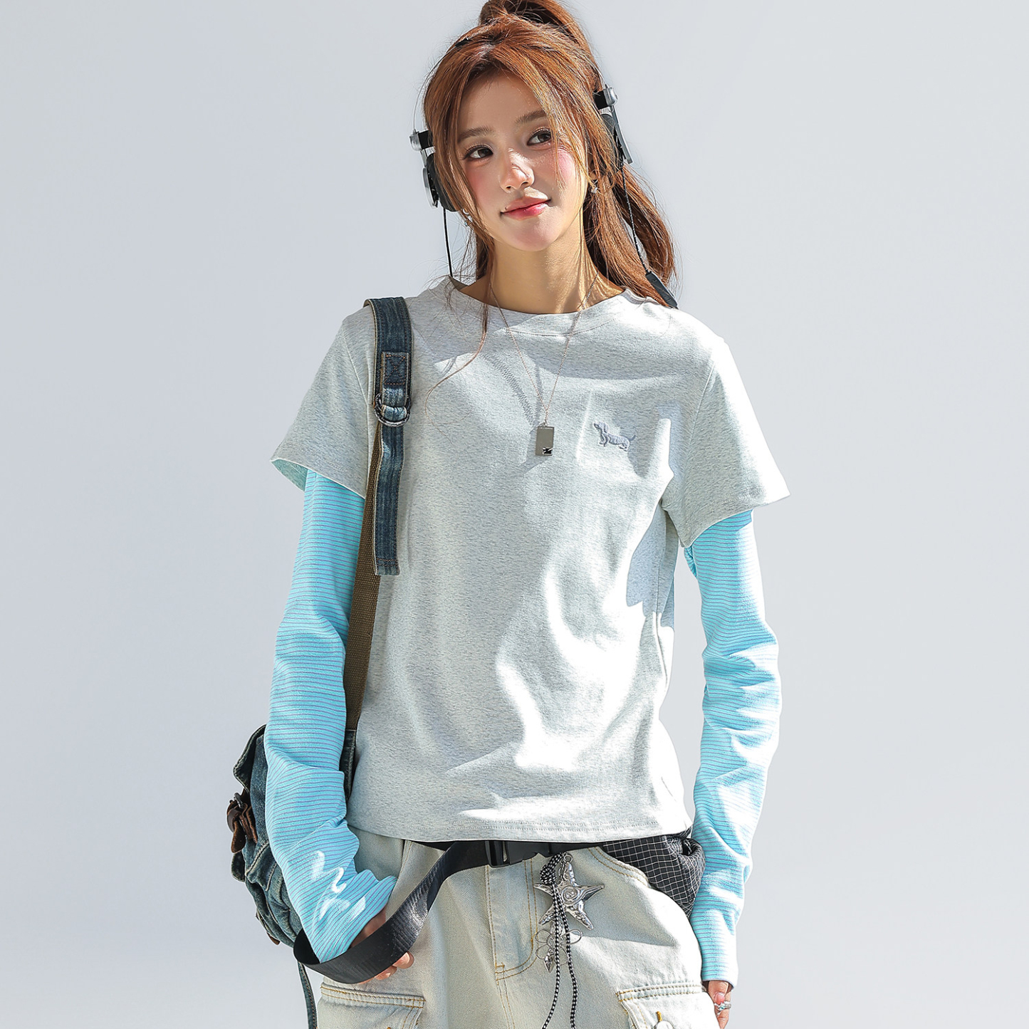 韓系臘腸狗條紋拼接假兩件長袖t恤女正肩修身上衣短