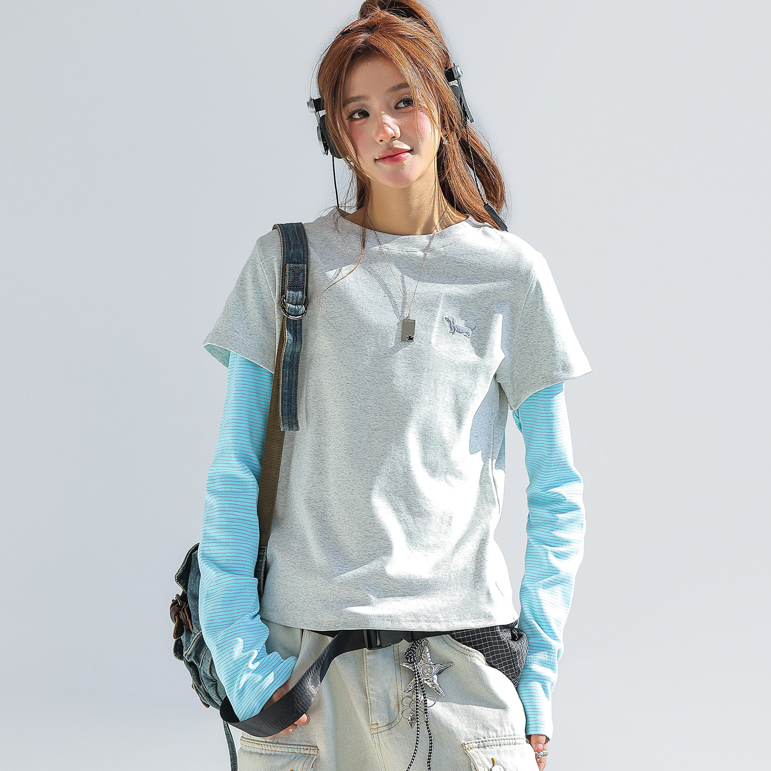 韓系臘腸狗條紋拼接假兩件長袖t恤女正肩修身上衣短