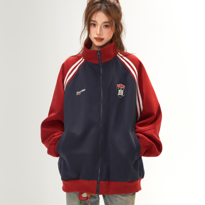 美式復古衛衣外套女秋冬季高級感拼接插肩袖衛衣開衫