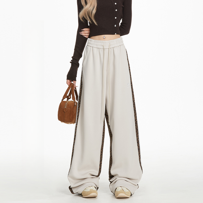 豹紋拼接衛褲女美式復古嘻哈寬鬆潮牌條紋運動直筒休閒褲