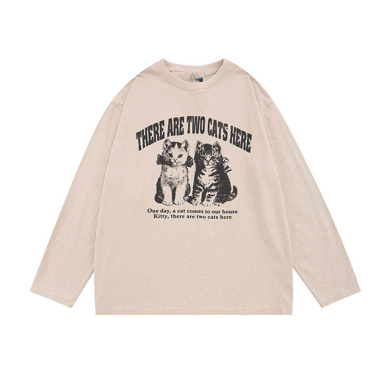美式復古水洗長袖T恤女寬鬆百搭猫咪印花做舊圓領打底衫