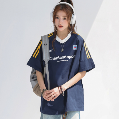 索羅娜美式拼接條紋短袖女t恤夏季字母運動球衣T賉