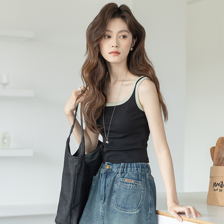 黑色修身顯瘦無袖吊帶背心2025夏季外穿撞色上衣