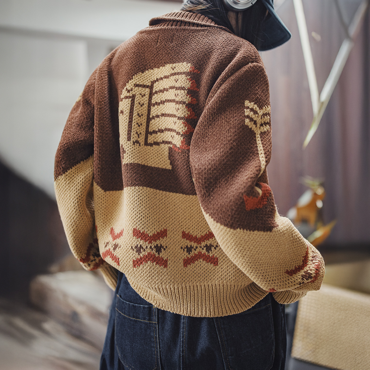 印第安復古咖色加厚針織雙頭拉鍊翻領刺繡毛衣開衫外套秋冬女