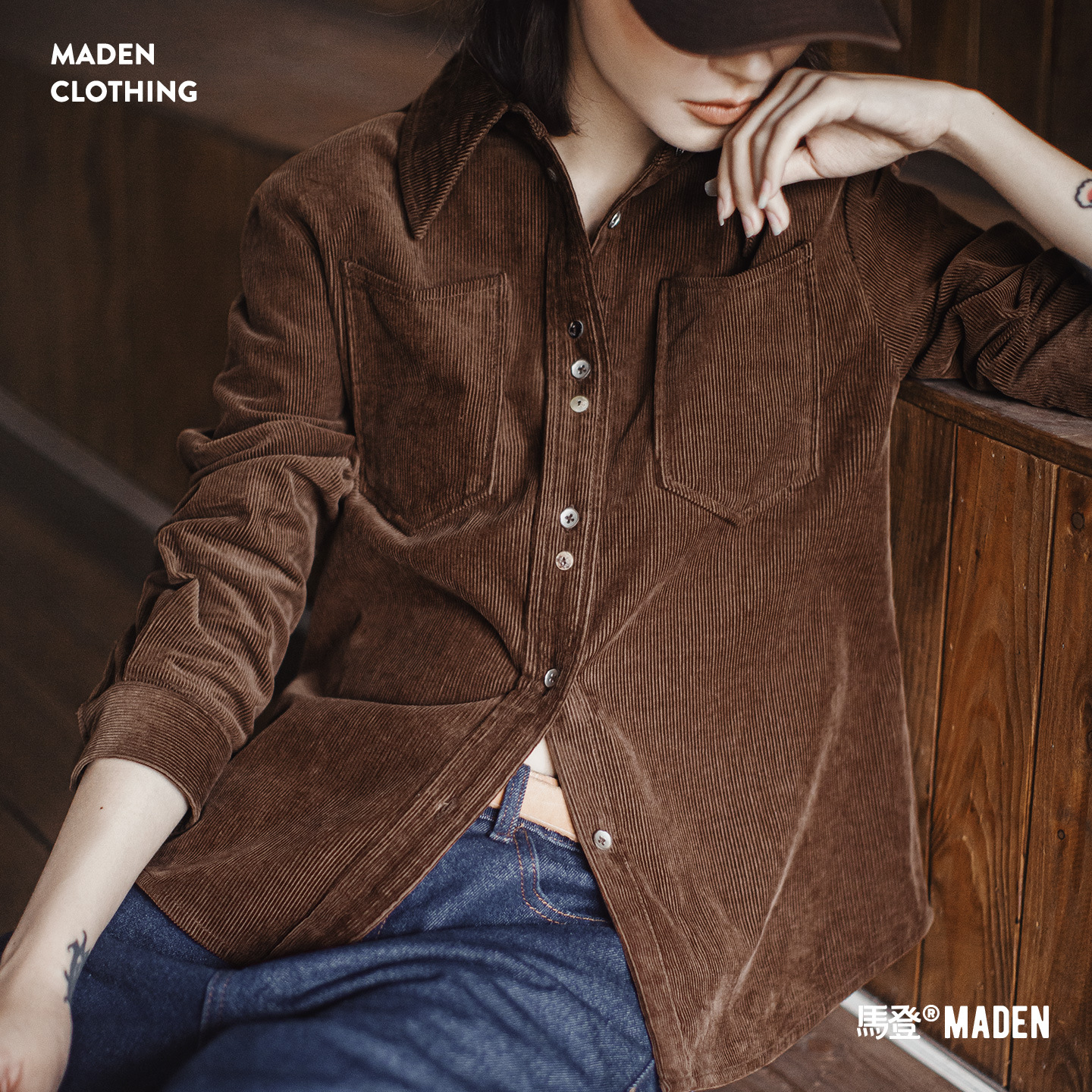 美拉德咖色純棉燈芯絨上衣雙排扣肌理感長袖襯衫外套秋季女士
