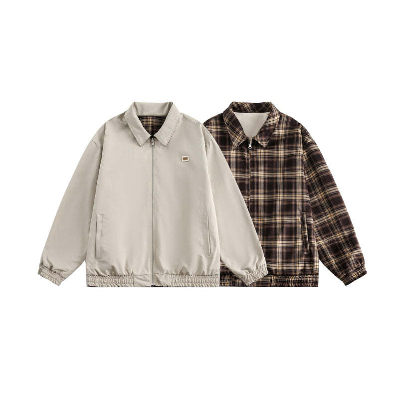 美拉德復古格子外套女春秋拉鍊長袖兩面穿百搭夾克上衣