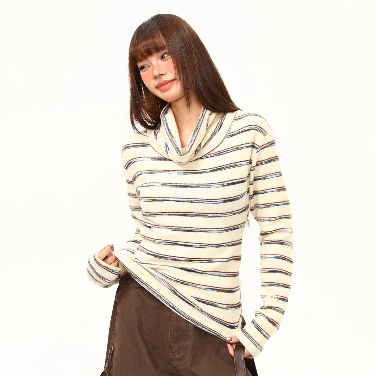 秋冬條紋打底衫女軟糯修身長袖T恤女緊身內搭氛圍感高領