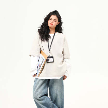 春季新款華夫格假兩件高級感長袖打底衫女寬鬆百搭上衣