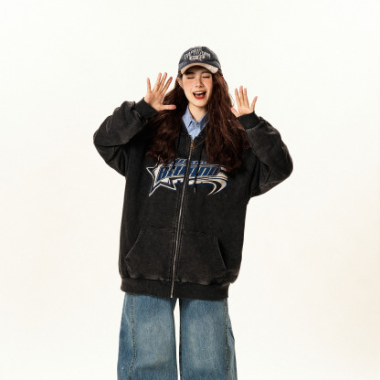 美式復古做舊牛角連帽衛衣開衫女潮牌寬鬆設計感帽衫外套