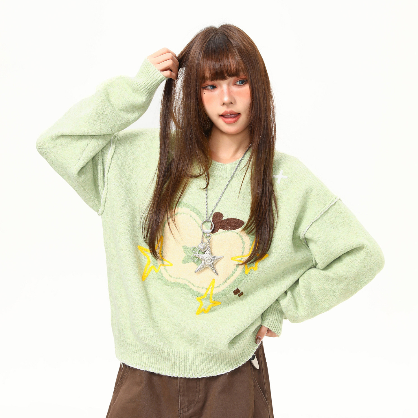 蘋果提花圓領毛衣女秋冬新款慵懶風套頭减齡針織衫上衣