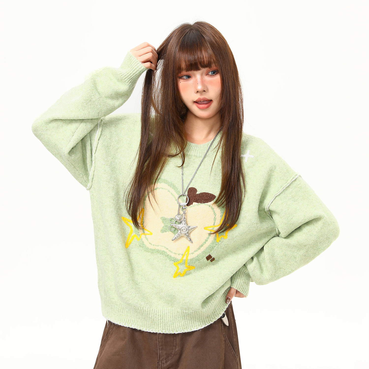 蘋果提花圓領毛衣女秋冬新款慵懶風套頭减齡針織衫上衣