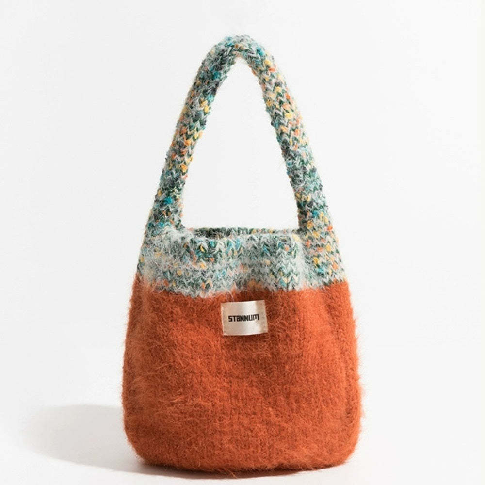 針織包可愛拼接撞色毛線手提包毛茸百搭手拎手機包