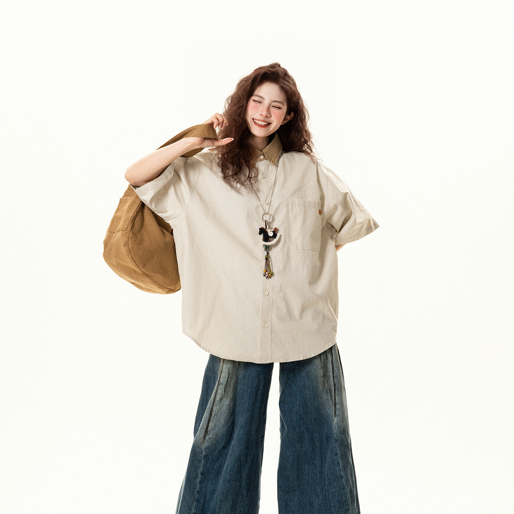 美式復古寬鬆撞色翻領短袖襯衫女夏季設計感休閒百搭襯衣