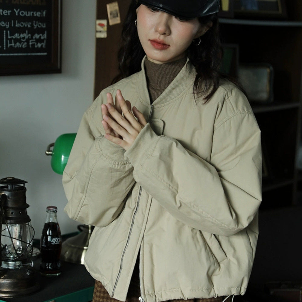 短款復古加厚寬鬆棉衣棉服外套女秋冬顯瘦拉鍊簡約小個子圓領上衣