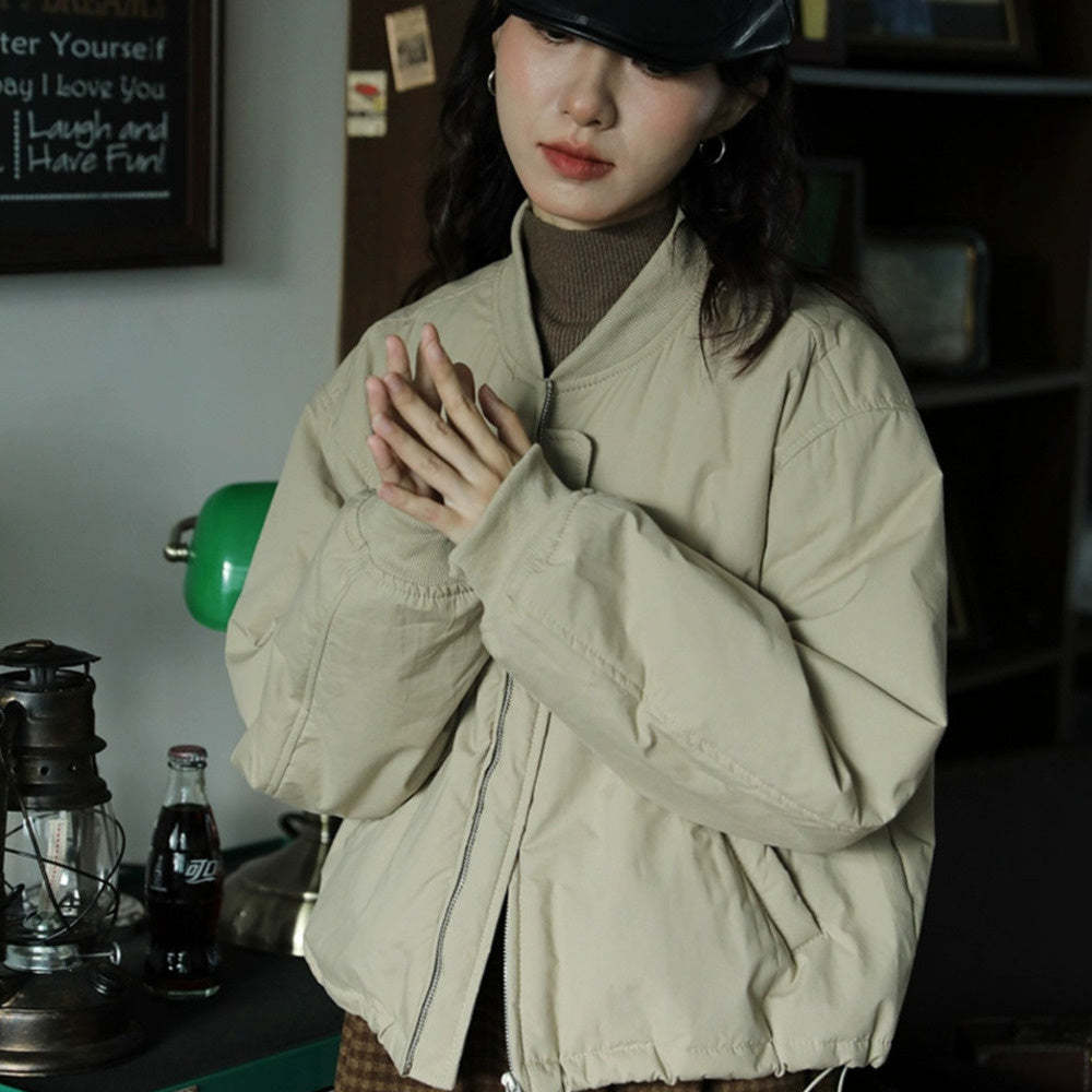 短款復古加厚寬鬆棉衣棉服外套女秋冬顯瘦拉鍊簡約小個子圓領上衣