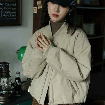 短款復古加厚寬鬆棉衣棉服外套女秋冬顯瘦拉鍊簡約小個子圓領上衣