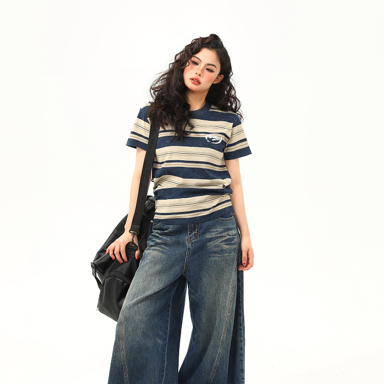 美式復古微寬鬆條紋正肩短袖T恤女夏季百搭短款上衣