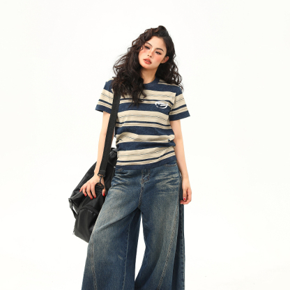 美式復古微寬鬆條紋正肩短袖T恤女夏季百搭短款上衣