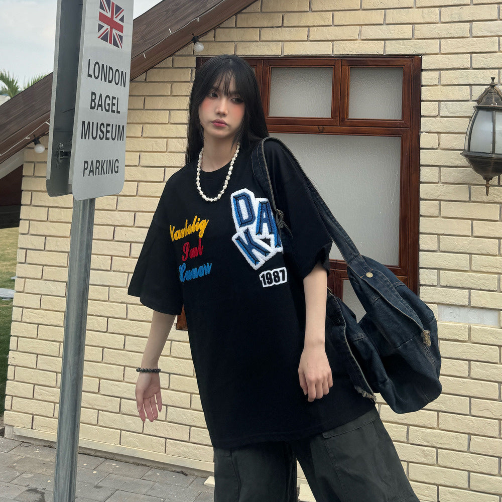美式植絨字母印花短袖寬鬆夏季T恤女上衣半袖