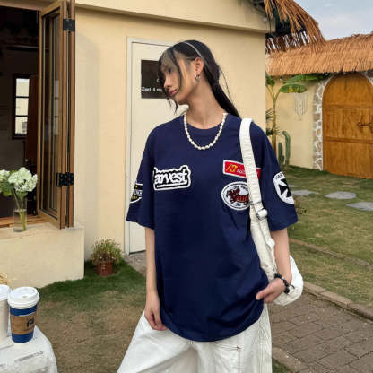 美式復古毛巾繡花短袖女寬鬆夏季新款休閒T恤半袖