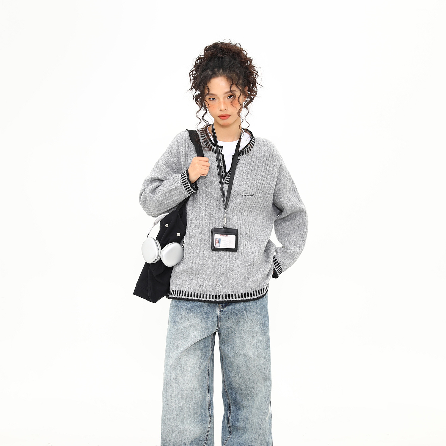 美式復古撞色縫線灰色針織衫毛衣女寬鬆中性慵懶風上衣