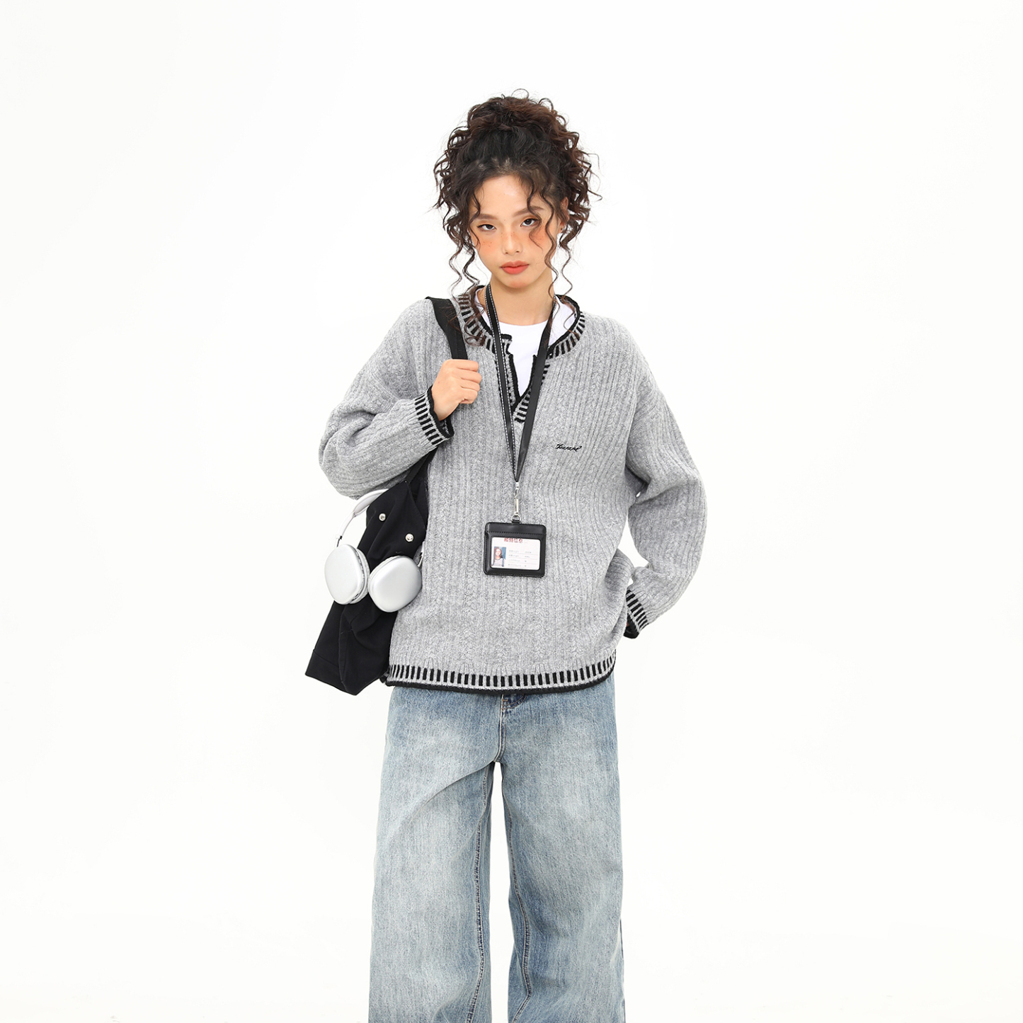 美式復古撞色縫線灰色針織衫毛衣女寬鬆中性慵懶風上衣