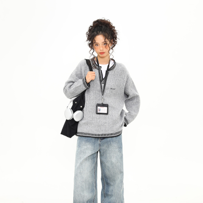 美式復古撞色縫線灰色針織衫毛衣女寬鬆中性慵懶風上衣