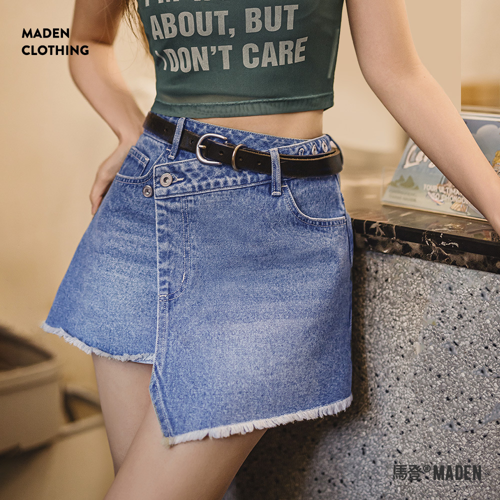 解構感水洗藍牛仔半裙春夏復古圍裹式不規則半身裙a字短裙女