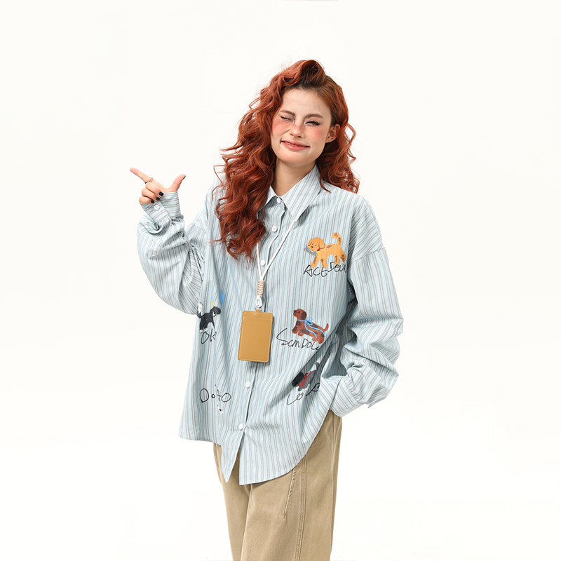 美式復古小狗印花豎條紋長袖襯衫女早秋寬鬆百搭襯衣