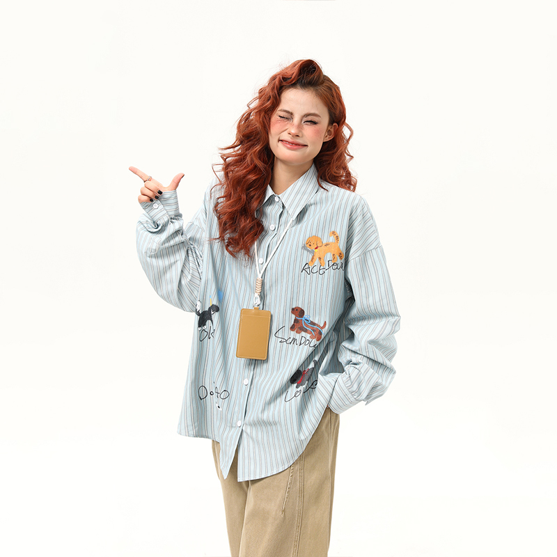 美式復古小狗印花豎條紋長袖襯衫女早秋寬鬆百搭襯衣