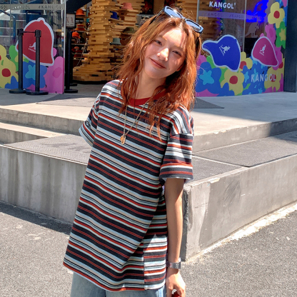 撞色條紋短袖t恤女夏季2025新款寬鬆顯瘦小個子圓領